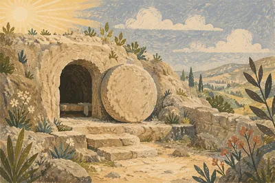 Empty Tomb at Dawn with Rolled Stone