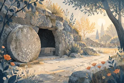 Empty Tomb at Dawn in Garden