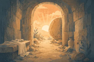 Empty Tomb with Rolled Stone at Sunrise