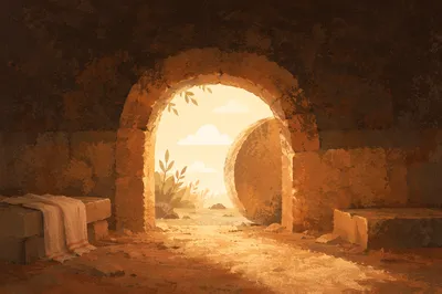 Empty Tomb at Dawn with Rolled Stone