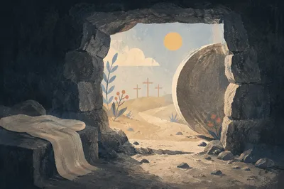 Empty Tomb at Dawn with Rolled Stone