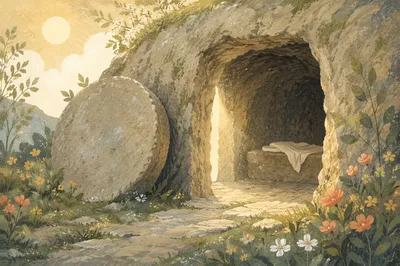 Empty Tomb With Rolled Stone at Dawn