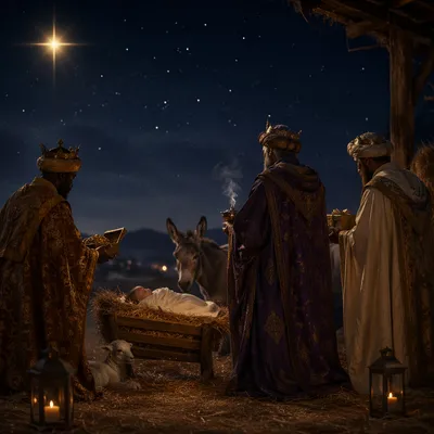 Three Kings Present Epiphany Gifts at Night