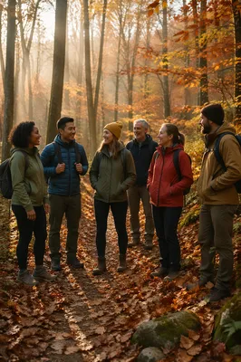 Group Hiking on Autumn Forest Trail