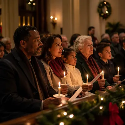 Family Holding Candles in Christmas Church