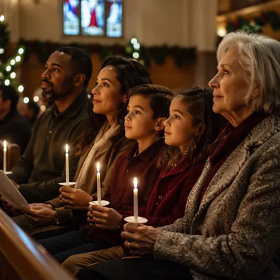 Family Holding Candles in Christmas Church