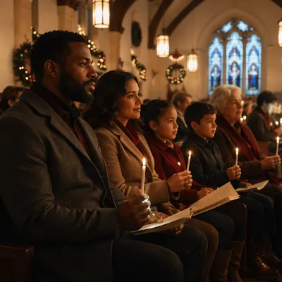 Family Holding Candles in Christmas Church
