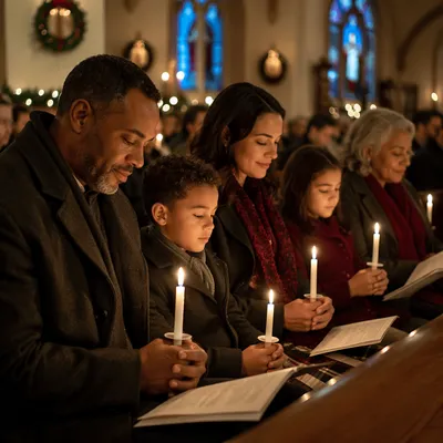 Family in Church Candlelight on Christmas Eve