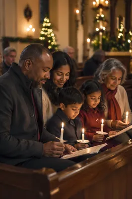 Family Holding Candles in Church Pew