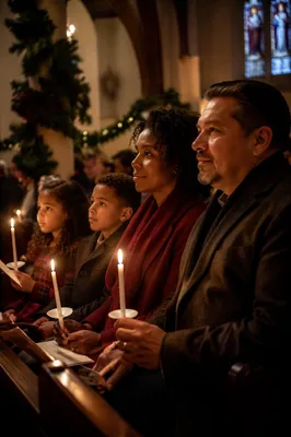 Family Holding Candles in Christmas Church