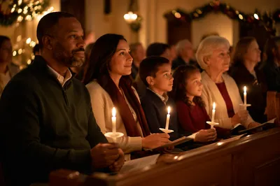 Family Holding Candles in Christmas Church