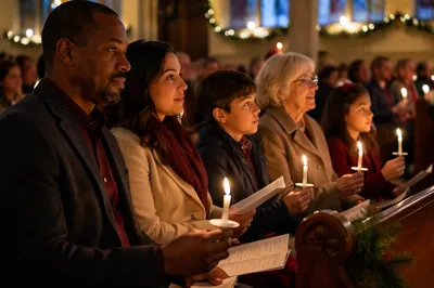 Family Holding Candles in Christmas Church
