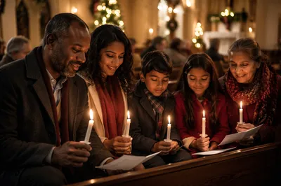 Family Holding Candles in Church Pew