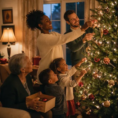 Family Decorating Christmas Tree at Dusk