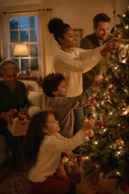 Family Decorating Christmas Tree at Dusk