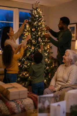 Family Decorating Christmas Tree at Dusk