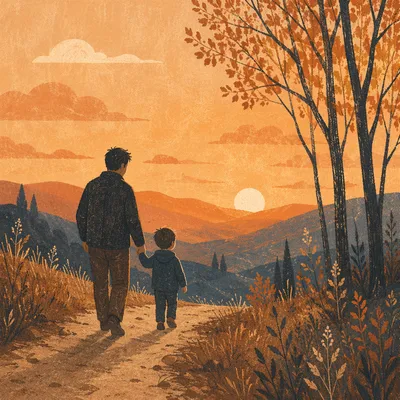 Father and Child Walking at Sunset