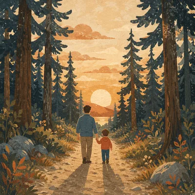 Father and Child on Sunset Woodland Path