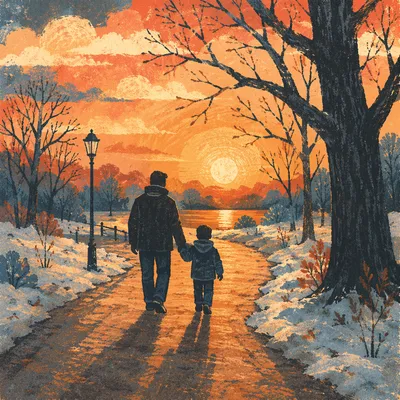 Father and Child on Winter Sunset Path
