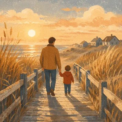 Father and Child on Sunset Boardwalk