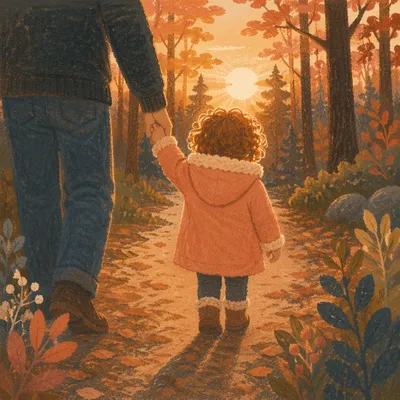 Father and Child on Sunset Woodland Path