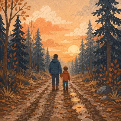 Father and Child on Autumn Forest Path