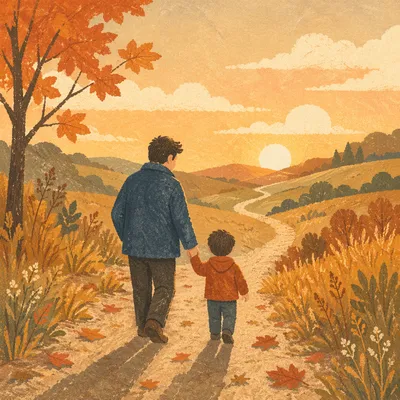 Father and Child on Autumn Sunset Path