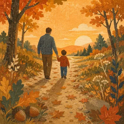 Father and Child on Autumn Sunset Path