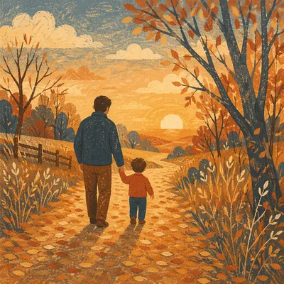 Father and Child on Autumn Sunset Path