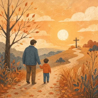 Father and Child on Autumn Faith Path