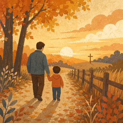 Father and Child on Autumn Faith Path