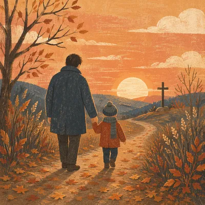 Father and Child on Autumn Faith Path