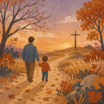 Father and Child Walking Toward Cross at Sunset