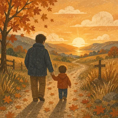 Father and Child on Autumn Sunset Path