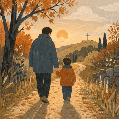 Father and Child on Autumn Faith Path