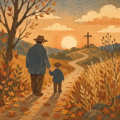 Father and Child Walking Toward Sunset Cross