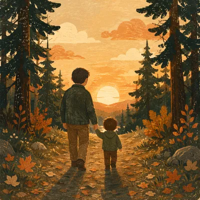 Father and Child Sunset Woodland Walk