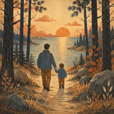 Father and Child Sunset Shore Path