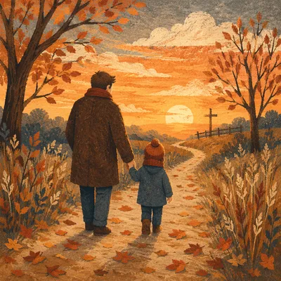 Father and Child on Autumn Sunset Path