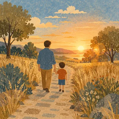 Father and Child on Sunset Meadow Path