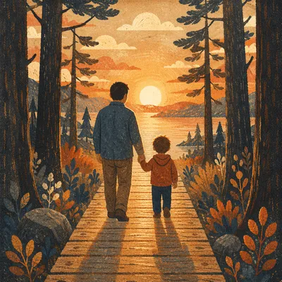 Father and Child Sunset Woodland Walk