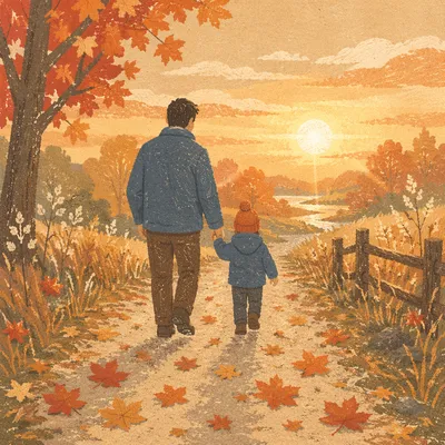 Father and Child on Autumn Sunset Path