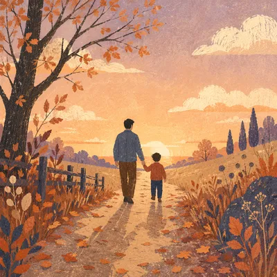 Father and Child on Autumn Sunset Path