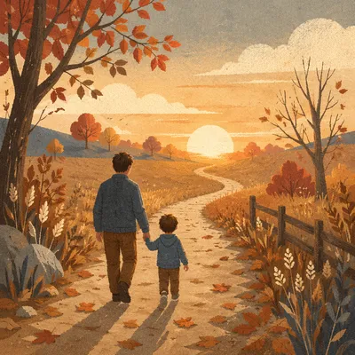 Father and Child on Autumn Sunset Path