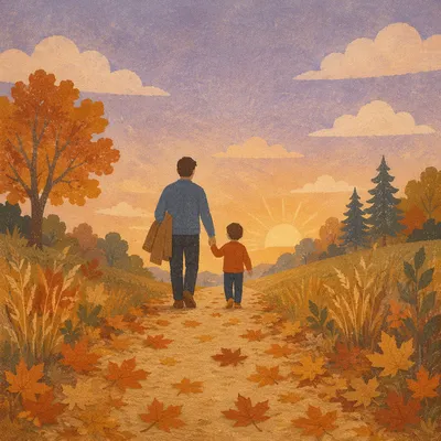 Father and Child on Autumn Sunset Path
