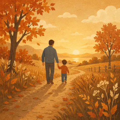 Father and Child on Autumn Sunset Path
