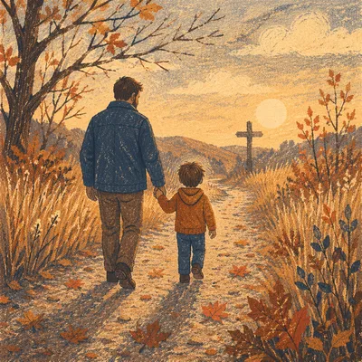 Father and Child on Autumn Sunset Path