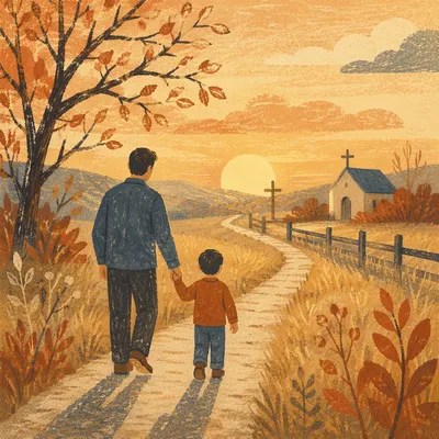 Father and Child on Autumn Faith Path