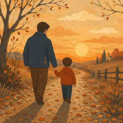 Father and Child on Autumn Sunset Path