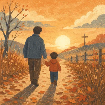 Father and Child on Autumn Sunset Path